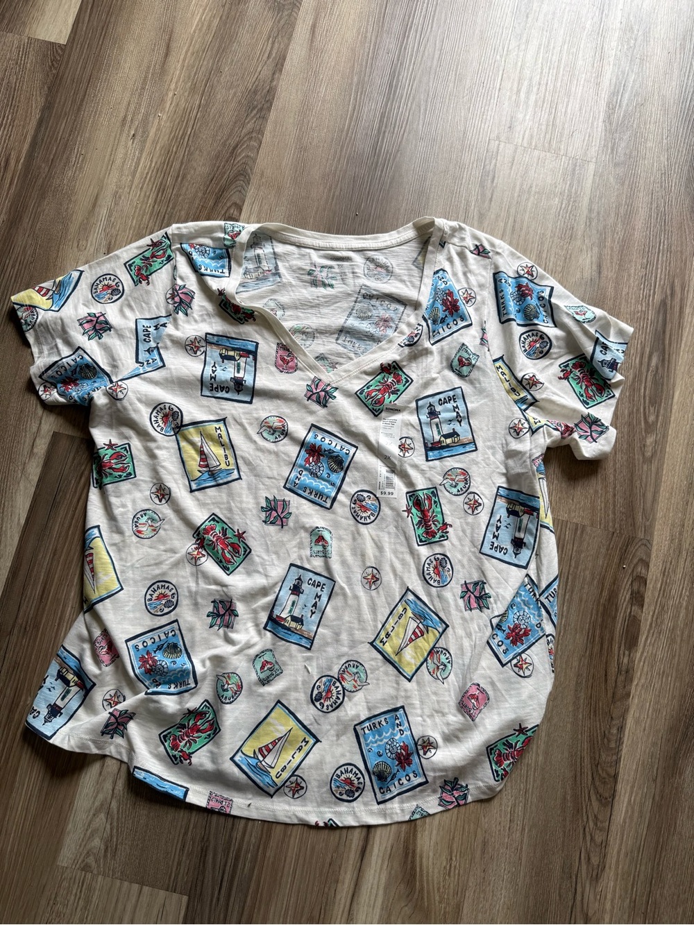 Sonoma Cream V-Neck Tee with Blue, Yellow & Pink Travel Prints